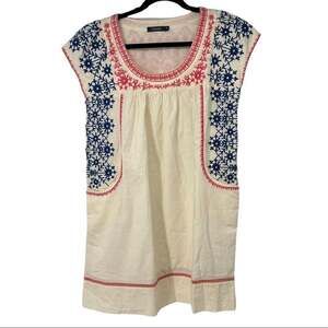 Theme Cream Blue Red Embroidered Smock 100% Cotton‎ Tunic Top with Pockets